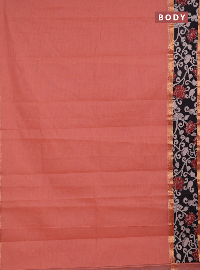 Mangalagiri cotton saree peach and black with plain body and long zari woven kalamkari printed border & blouse