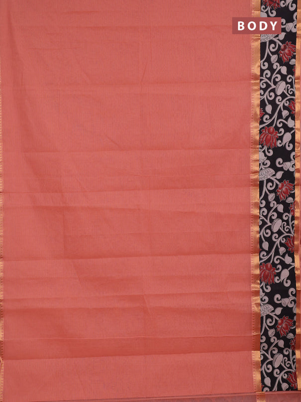 Mangalagiri cotton saree peach and black with plain body and long zari woven kalamkari printed border & blouse