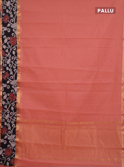 Semi mangalagiri cotton saree peach and black with plain body and long zari woven kalamkari printed border & blouse