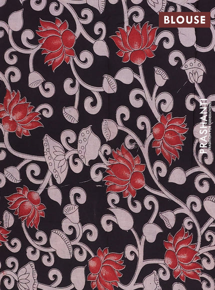 Semi mangalagiri cotton saree peach and black with plain body and long zari woven kalamkari printed border & blouse