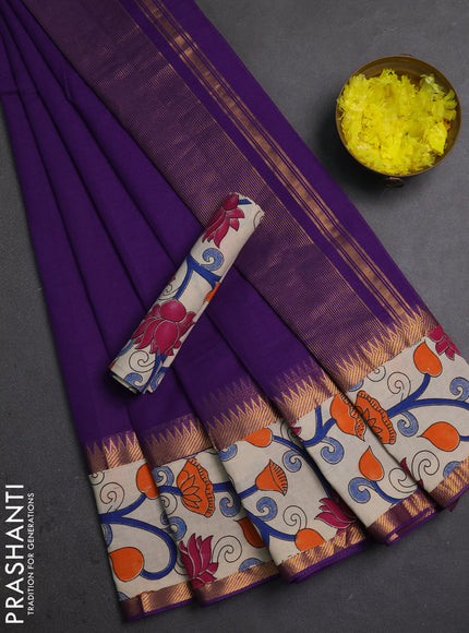 Semi mangalagiri cotton saree purple and beige with plain body and long zari woven kalamkari printed border & blouse