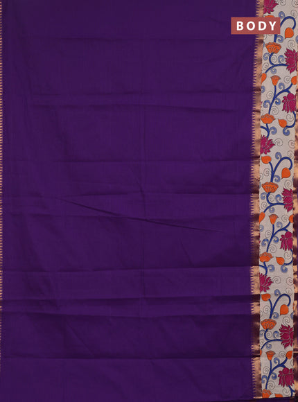 Semi mangalagiri cotton saree purple and beige with plain body and long zari woven kalamkari printed border & blouse