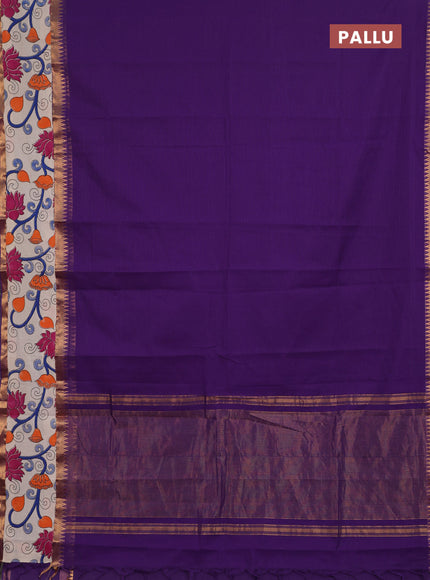Semi mangalagiri cotton saree purple and beige with plain body and long zari woven kalamkari printed border & blouse