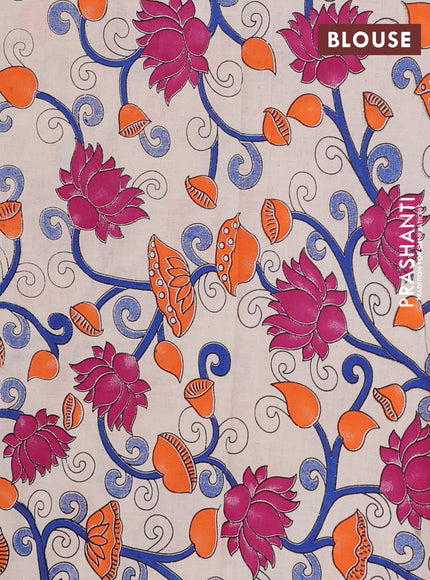 Semi mangalagiri cotton saree purple and beige with plain body and long zari woven kalamkari printed border & blouse