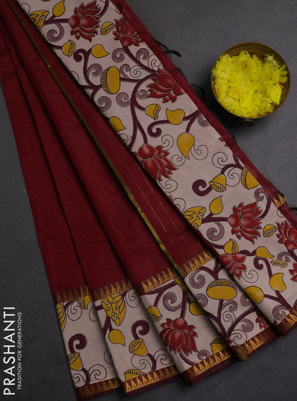 Semi mangalagiri cotton saree maroon and beige with plain body and long zari woven kalamkari printed border & blouse