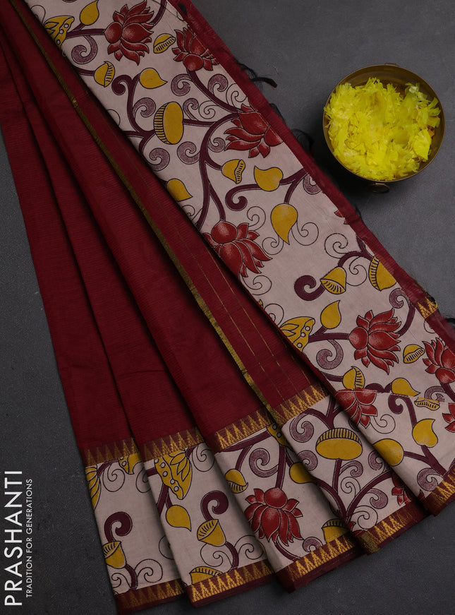 Mangalagiri cotton saree maroon and beige with plain body and long zari woven kalamkari printed border & blouse