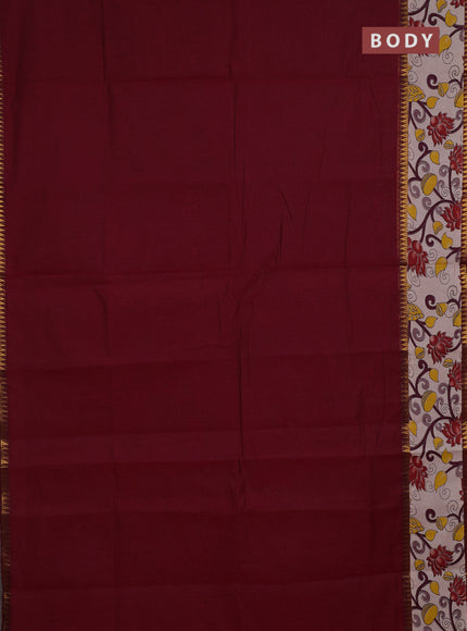 Semi mangalagiri cotton saree maroon and beige with plain body and long zari woven kalamkari printed border & blouse