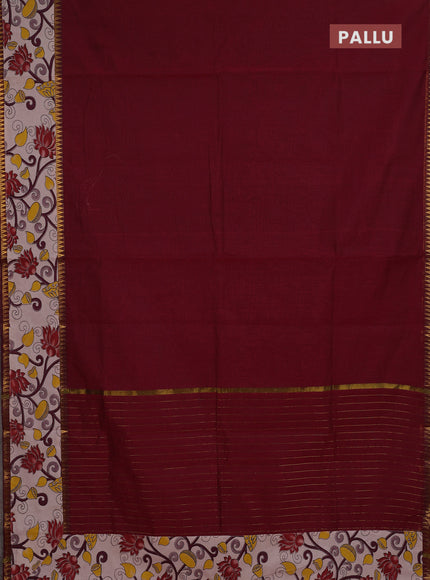Semi mangalagiri cotton saree maroon and beige with plain body and long zari woven kalamkari printed border & blouse