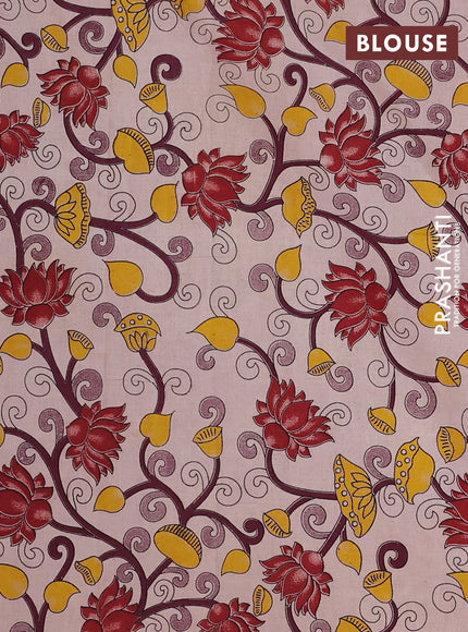 Semi mangalagiri cotton saree maroon and beige with plain body and long zari woven kalamkari printed border & blouse