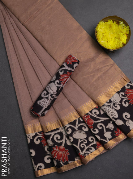 Semi mangalagiri cotton saree rosy brown and black with plain body and long zari woven kalamkari printed border & blouse