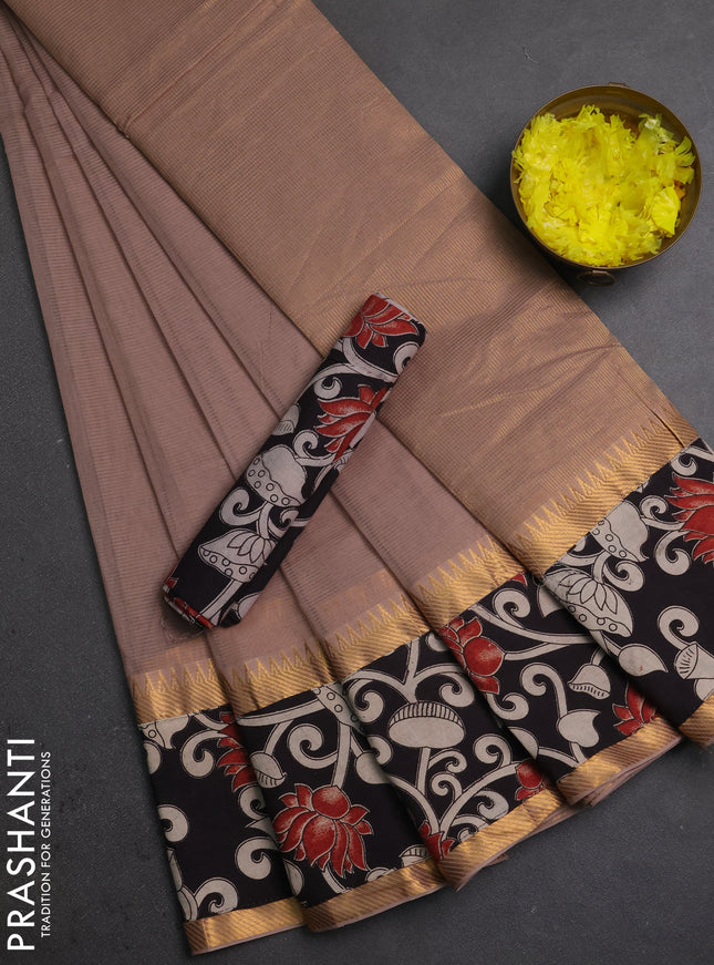 Mangalagiri cotton saree rosy brown and black with plain body and long zari woven kalamkari printed border & blouse