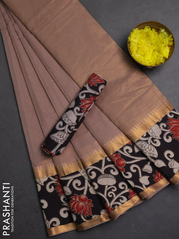 Mangalagiri cotton saree rosy brown and black with plain body and long zari woven kalamkari printed border & blouse