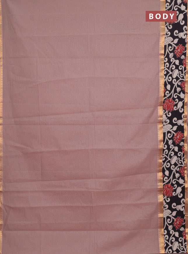 Mangalagiri cotton saree rosy brown and black with plain body and long zari woven kalamkari printed border & blouse