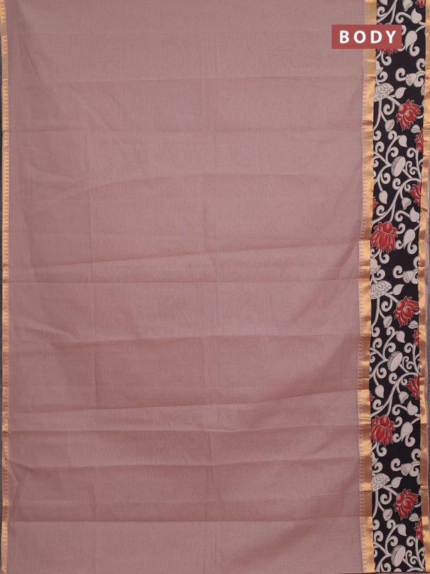 Mangalagiri cotton saree rosy brown and black with plain body and long zari woven kalamkari printed border & blouse