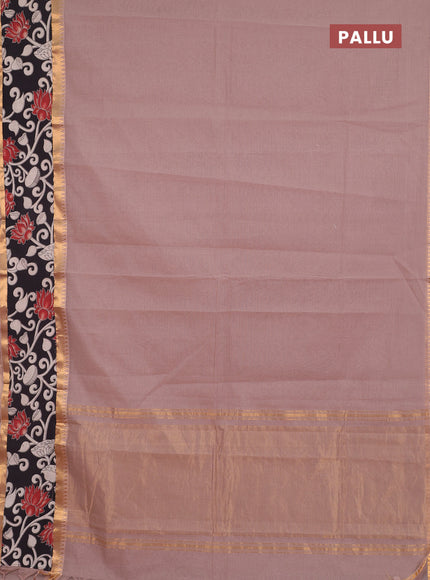 Semi mangalagiri cotton saree rosy brown and black with plain body and long zari woven kalamkari printed border & blouse