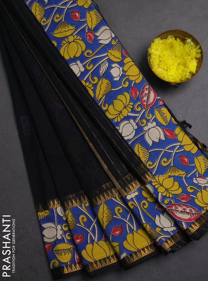 Semi mangalagiri cotton saree black and cs blue with plain body and long zari woven kalamkari printed border & blouse