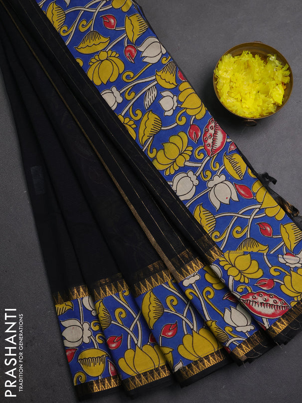 Mangalagiri cotton saree black and cs blue with plain body and long zari woven kalamkari printed border & blouse