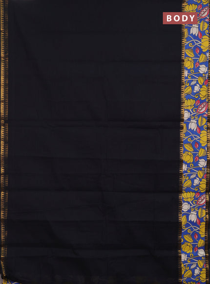 Semi mangalagiri cotton saree black and cs blue with plain body and long zari woven kalamkari printed border & blouse