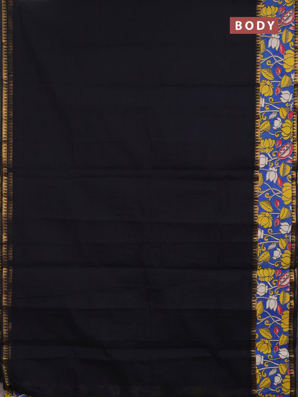 Mangalagiri cotton saree black and cs blue with plain body and long zari woven kalamkari printed border & blouse