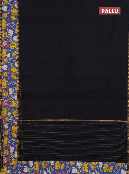 Semi mangalagiri cotton saree black and cs blue with plain body and long zari woven kalamkari printed border & blouse