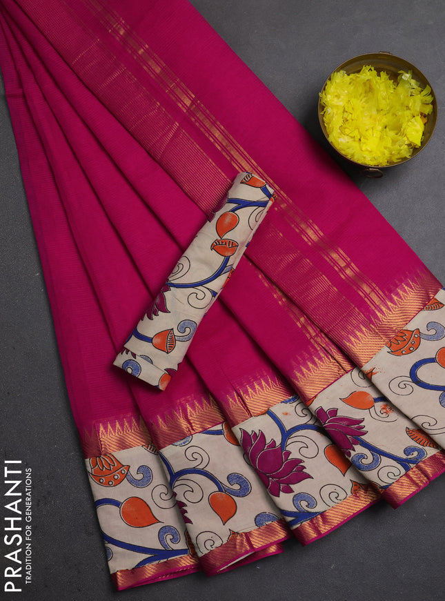 Mangalagiri cotton saree pink and beige with plain body and long zari woven kalamkari printed border & blouse