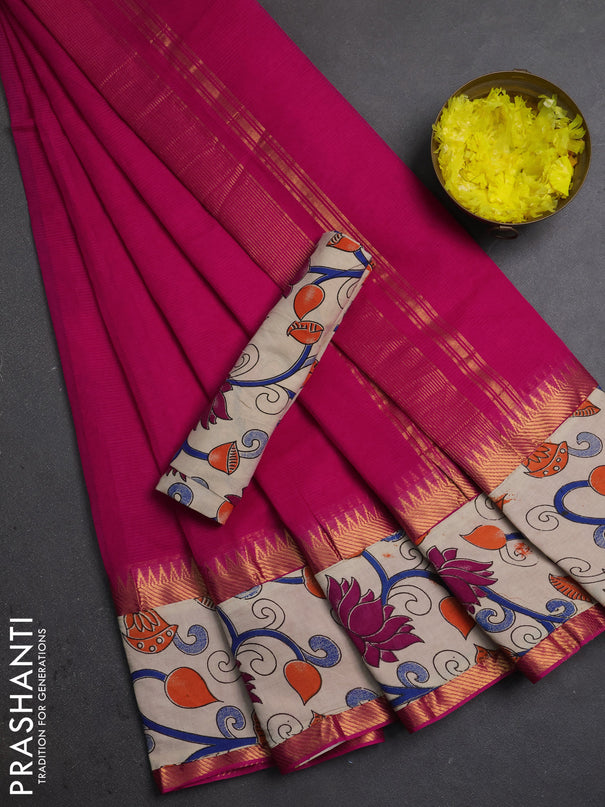 Mangalagiri cotton saree pink and beige with plain body and long zari woven kalamkari printed border & blouse