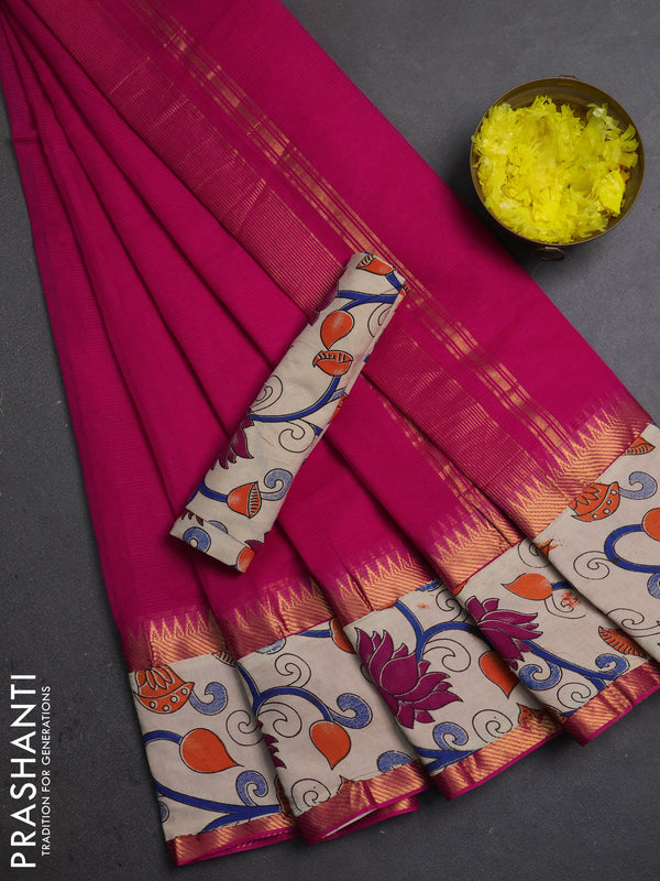 Mangalagiri cotton saree pink and beige with plain body and long zari woven kalamkari printed border & blouse