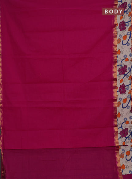 Semi mangalagiri cotton saree pink and beige with plain body and long zari woven kalamkari printed border & blouse