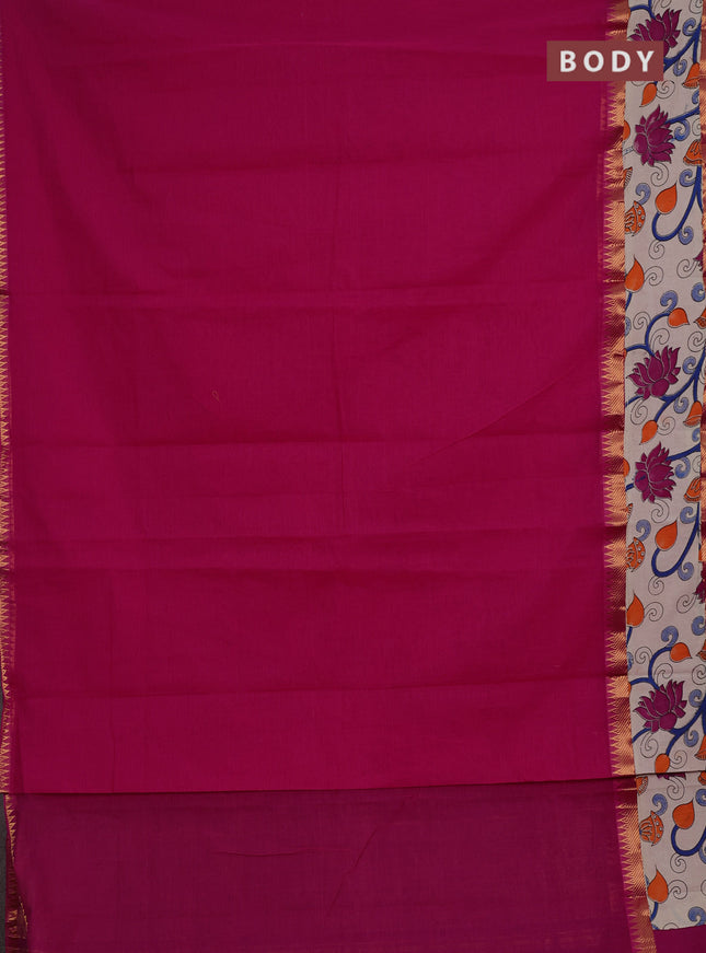 Mangalagiri cotton saree pink and beige with plain body and long zari woven kalamkari printed border & blouse