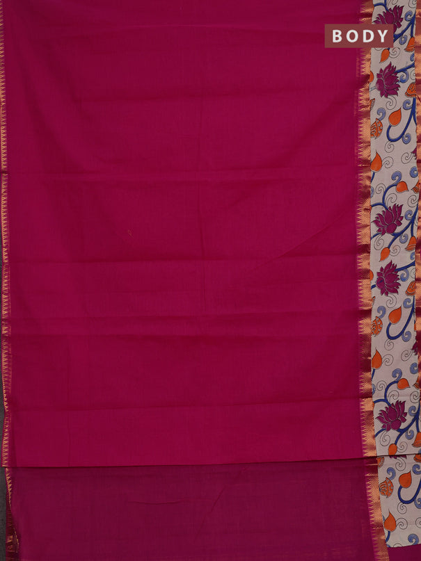 Mangalagiri cotton saree pink and beige with plain body and long zari woven kalamkari printed border & blouse
