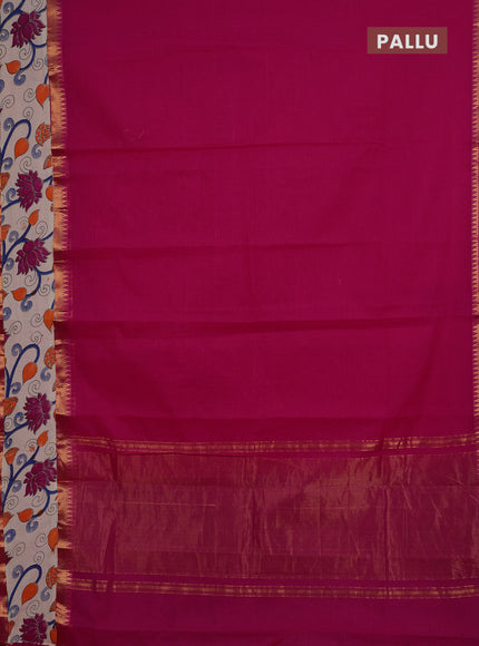 Semi mangalagiri cotton saree pink and beige with plain body and long zari woven kalamkari printed border & blouse