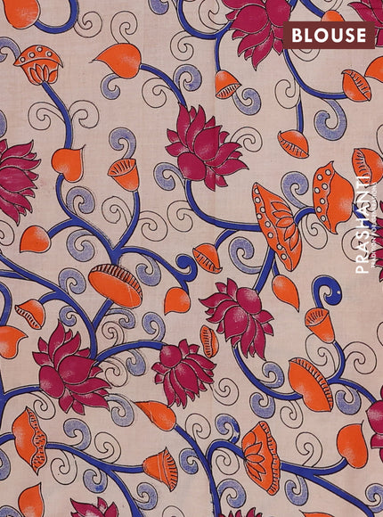 Semi mangalagiri cotton saree pink and beige with plain body and long zari woven kalamkari printed border & blouse