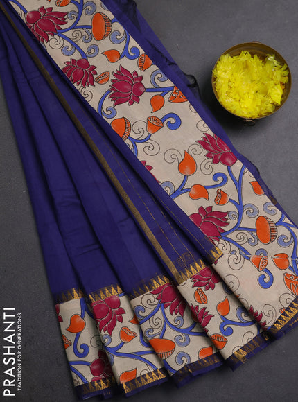 Semi mangalagiri cotton saree navy blue and off white with plain body and long zari woven kalamkari printed border & blouse