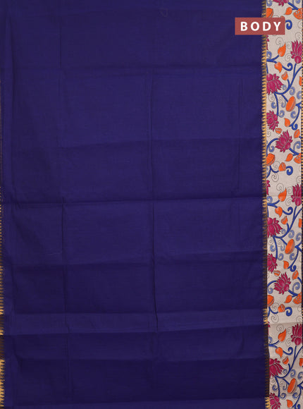 Semi mangalagiri cotton saree navy blue and off white with plain body and long zari woven kalamkari printed border & blouse