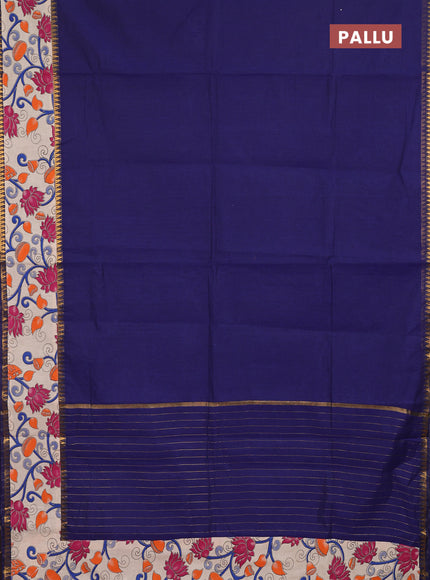 Semi mangalagiri cotton saree navy blue and off white with plain body and long zari woven kalamkari printed border & blouse