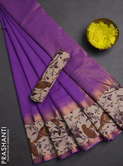 Semi mangalagiri cotton saree lavender and beige with plain body and long zari woven kalamkari printed border & blouse