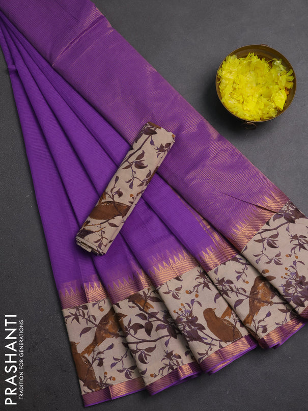 Mangalagiri cotton saree lavender and beige with plain body and long zari woven kalamkari printed border & blouse