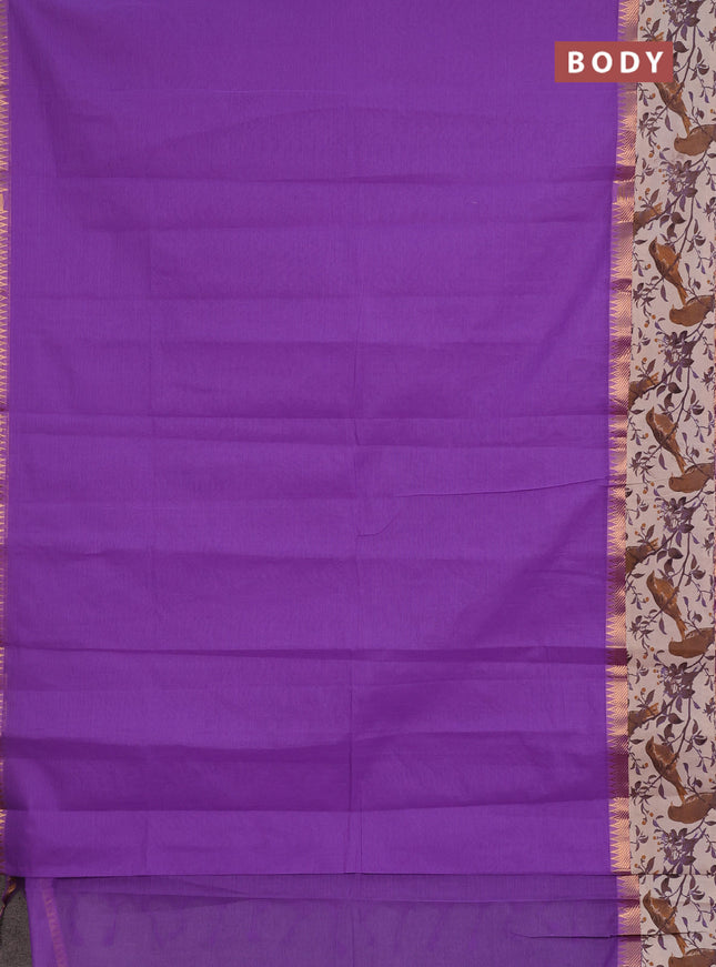 Mangalagiri cotton saree lavender and beige with plain body and long zari woven kalamkari printed border & blouse