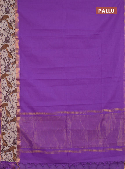Semi mangalagiri cotton saree lavender and beige with plain body and long zari woven kalamkari printed border & blouse