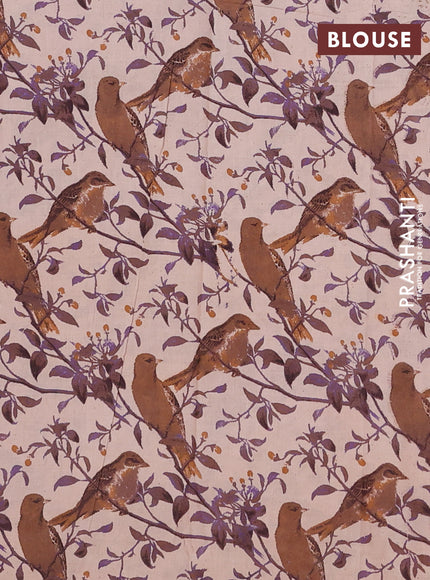 Semi mangalagiri cotton saree lavender and beige with plain body and long zari woven kalamkari printed border & blouse