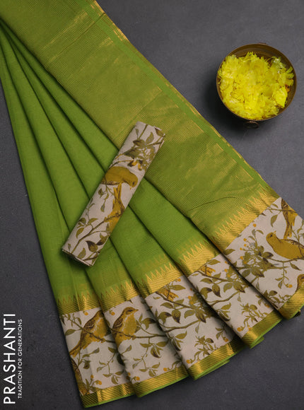Semi mangalagiri cotton saree light green and beige with plain body and long zari woven kalamkari printed border & blouse