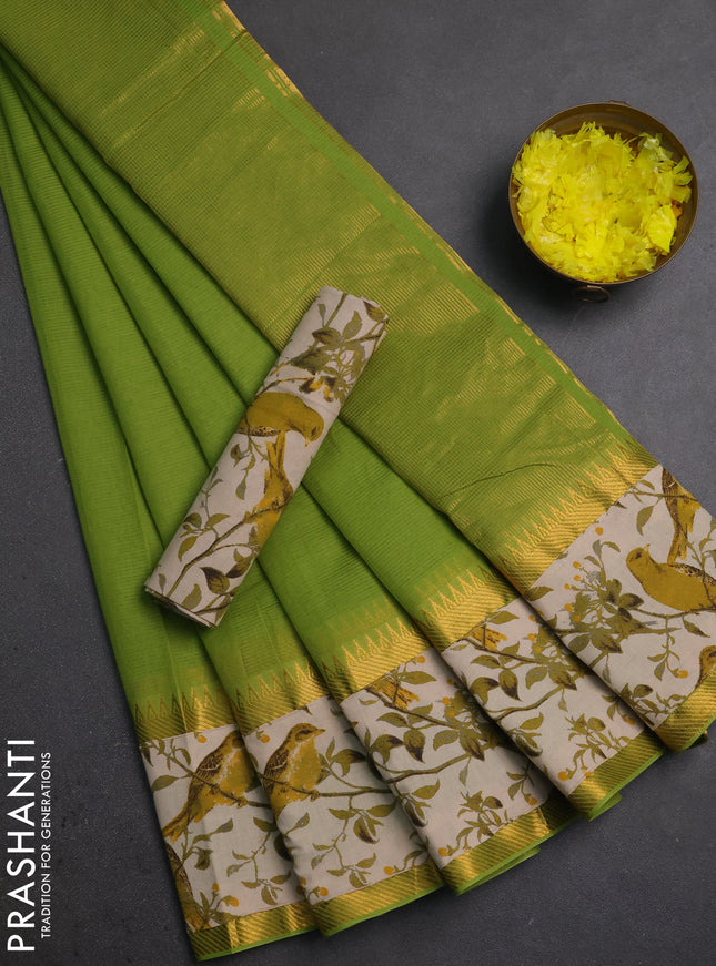 Mangalagiri cotton saree light green and beige with plain body and long zari woven kalamkari printed border & blouse