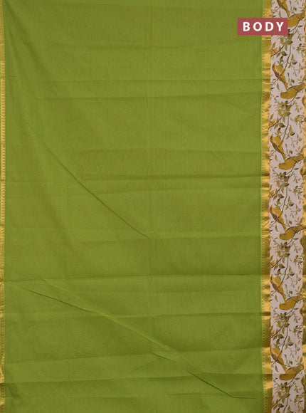Semi mangalagiri cotton saree light green and beige with plain body and long zari woven kalamkari printed border & blouse