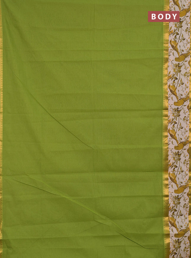 Mangalagiri cotton saree light green and beige with plain body and long zari woven kalamkari printed border & blouse