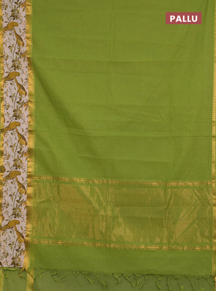 Semi mangalagiri cotton saree light green and beige with plain body and long zari woven kalamkari printed border & blouse