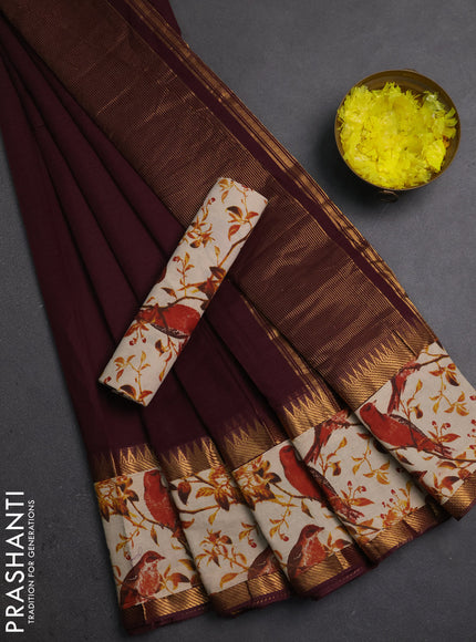 Semi mangalagiri cotton saree wine and beige with plain body and long zari woven kalamkari printed border & blouse