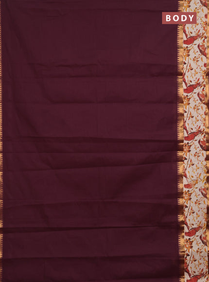 Semi mangalagiri cotton saree wine and beige with plain body and long zari woven kalamkari printed border & blouse