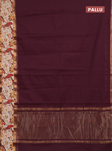 Semi mangalagiri cotton saree wine and beige with plain body and long zari woven kalamkari printed border & blouse
