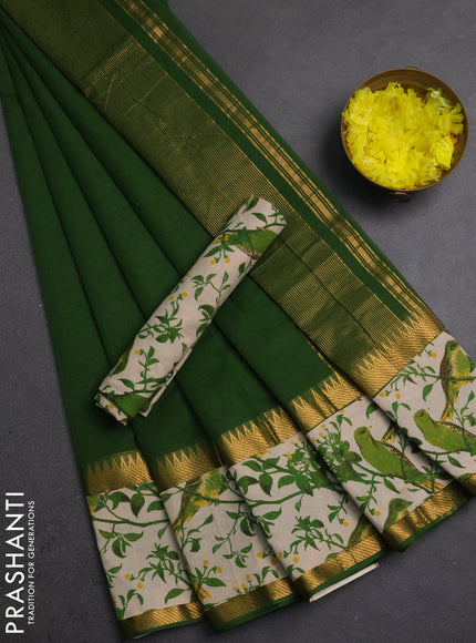 Semi mangalagiri cotton saree sap green and beige with plain body and long zari woven kalamkari printed border & blouse