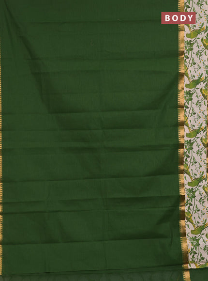 Semi mangalagiri cotton saree sap green and beige with plain body and long zari woven kalamkari printed border & blouse